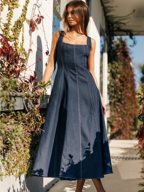 Petal & Pup Dresses & Skirts - Petal & Pup Callum Denim Midi Dress Blue A-Line Pockets Contrast Stitch Medium